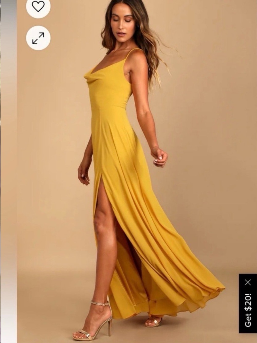 Lulu's Mustard Yellow Cowl Neck Maxi Dress with High Slit
